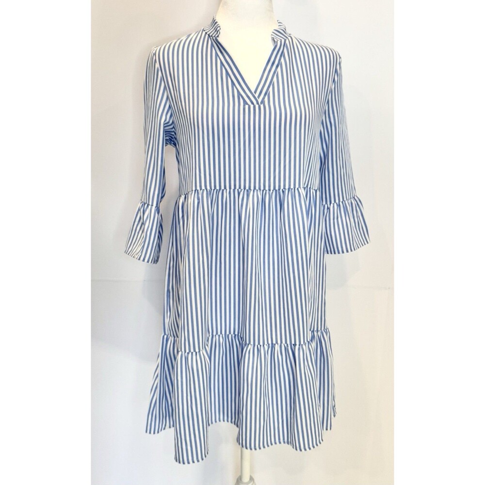 Blue White Striped Tiered Mini Dress Womens XS V Neck Ruffle Sleeve SHEIN
